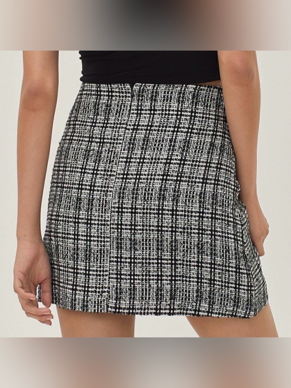 Nasty Gal tweed black white Check boucle pelmet mini skirt silver a-line new 8